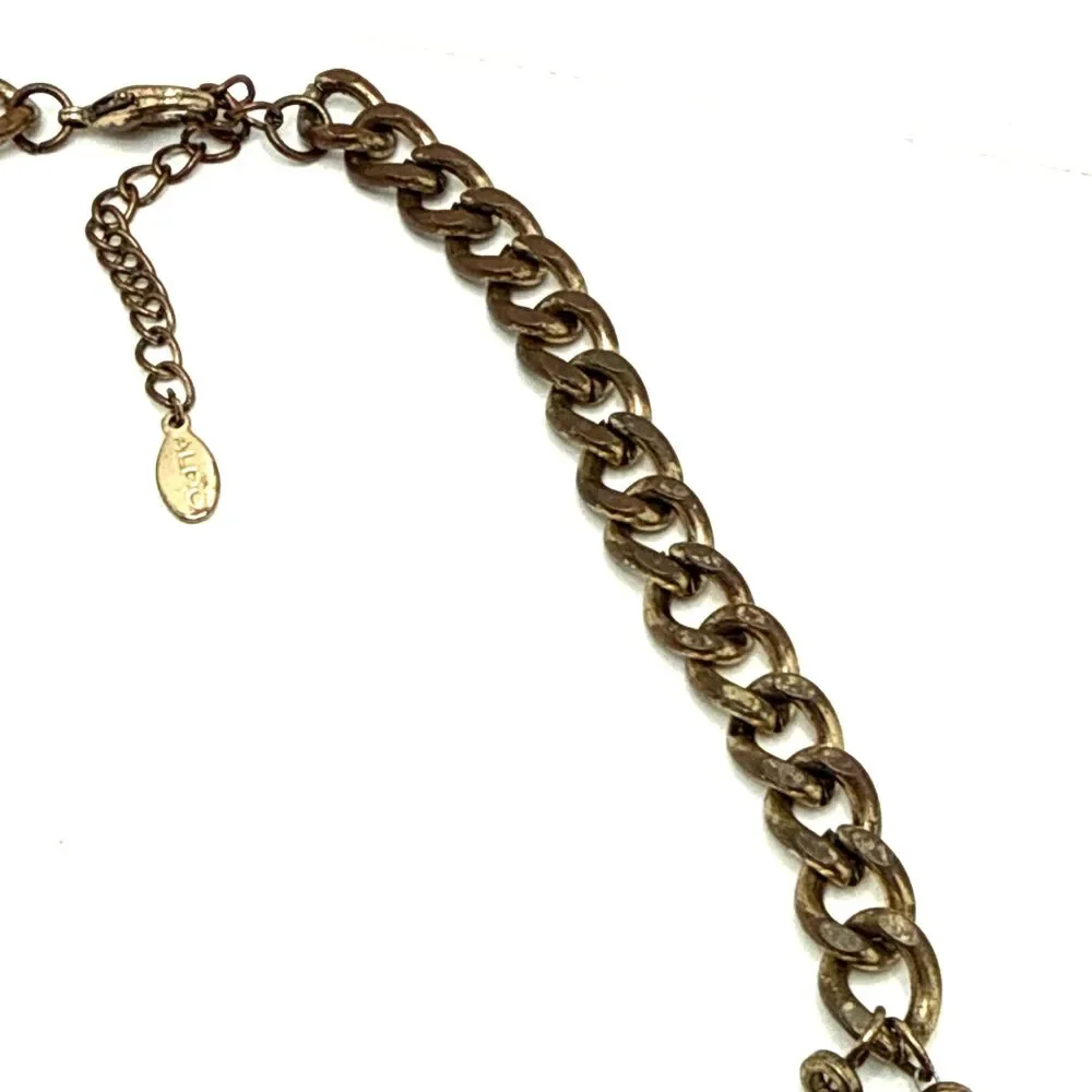 ALDO Boho Statement Bib Necklace Leaf Fringe Distressed Gold Tone Tribal Collar